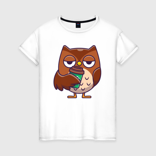 Женская футболка из хлопка с принтом Сова со стаканчиком кофе, вид спереди №1