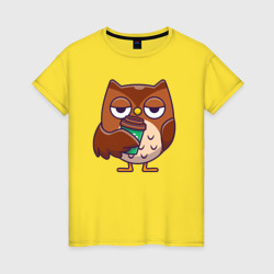 Сова со стаканчиком кофе – Женская футболка хлопок с принтом купить со скидкой в -20%