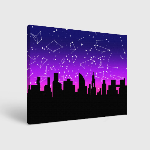 Холст прямоугольный Фиолетовое небо и тёмный город со звёздами, цвет 3D печать