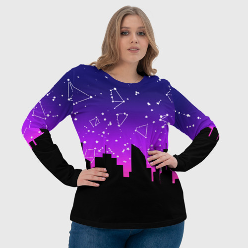 Женский лонгслив 3D Фиолетовое небо и тёмный город со звёздами, цвет 3D печать - фото 6
