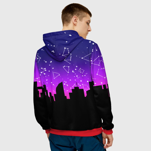 Мужская толстовка 3D с принтом Фиолетовое небо и тёмный город со звёздами, вид сзади #2
