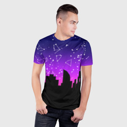 Мужская футболка 3D Slim Фиолетовое небо и тёмный город со звёздами - фото 2