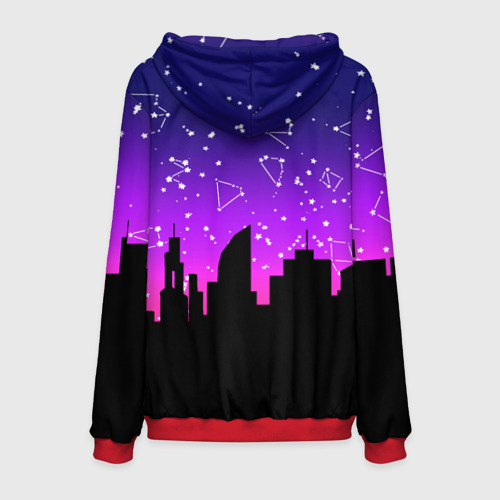 Мужская толстовка 3D с принтом Фиолетовое небо и тёмный город со звёздами, вид сзади #1