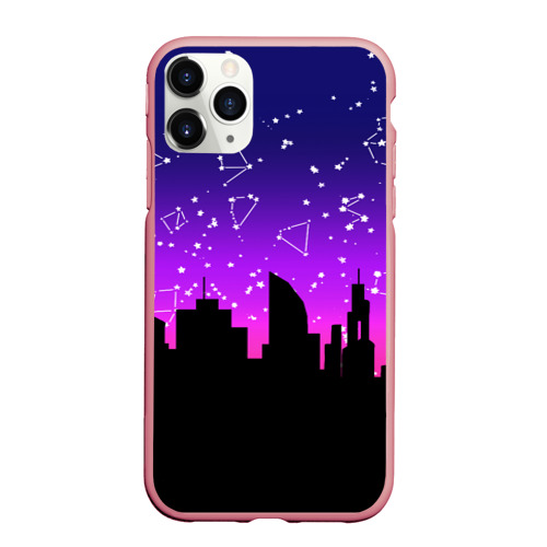 Чехол для iPhone 11 Pro Max матовый с принтом Фиолетовое небо и тёмный город со звёздами, вид спереди #2