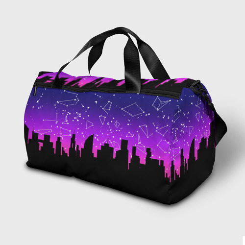 Сумка спортивная 3D с принтом Фиолетовое небо и тёмный город со звёздами, вид сзади #1