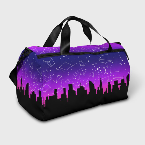 Сумка спортивная 3D с принтом Фиолетовое небо и тёмный город со звёздами, вид спереди #2