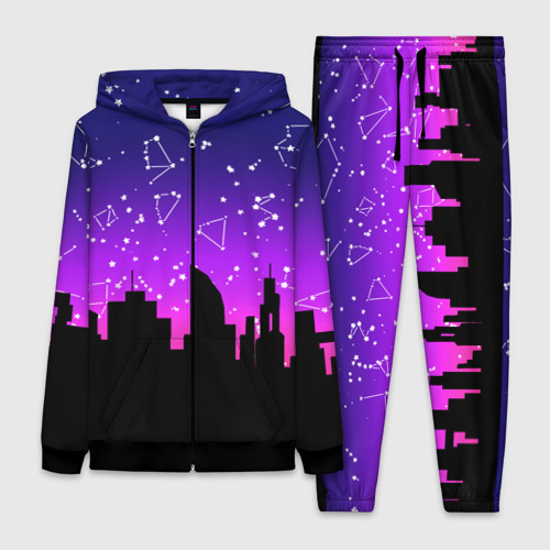 Женский костюм 3D с принтом Фиолетовое небо и тёмный город со звёздами, вид спереди #2