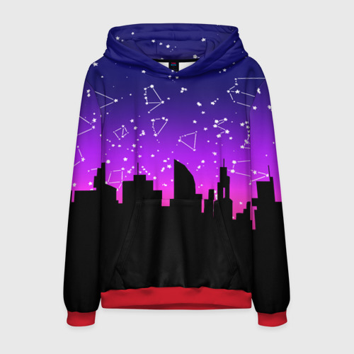 Мужская толстовка 3D с принтом Фиолетовое небо и тёмный город со звёздами, вид спереди #2