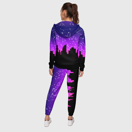 Женский костюм 3D с принтом Фиолетовое небо и тёмный город со звёздами, вид сзади #2