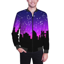 Мужской бомбер 3D Фиолетовое небо и тёмный город со звёздами - фото 2
