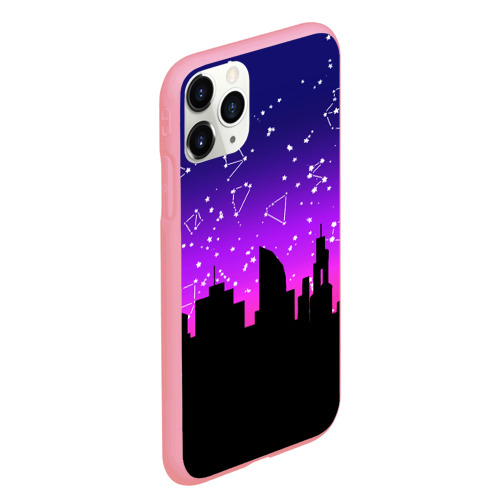 Чехол для iPhone 11 Pro Max матовый с принтом Фиолетовое небо и тёмный город со звёздами, вид сбоку #3