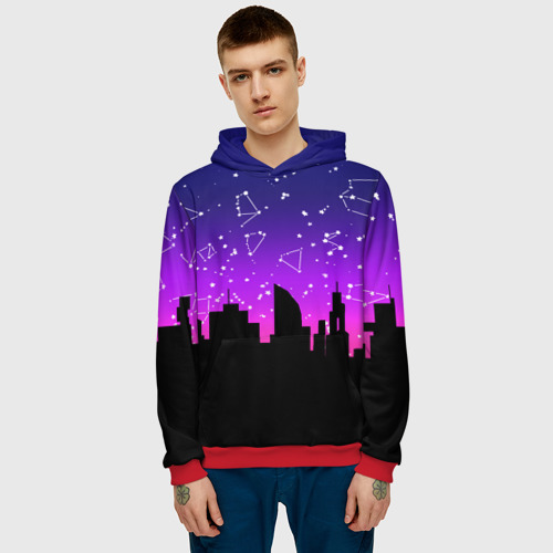 Мужская толстовка 3D с принтом Фиолетовое небо и тёмный город со звёздами, фото на моделе #1