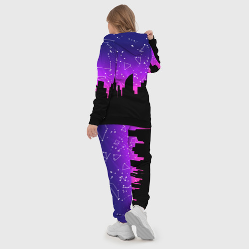 Женский костюм 3D с принтом Фиолетовое небо и тёмный город со звёздами, вид сзади #2