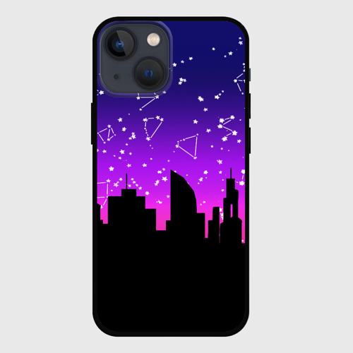 Чехол для iPhone 13 mini Фиолетовое небо и тёмный город со звёздами