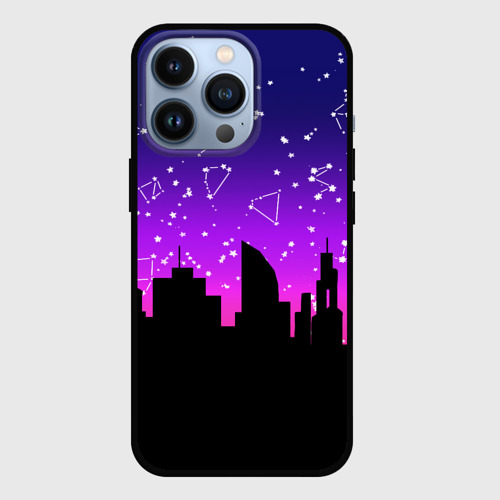 Чехол для iPhone 13 Pro с принтом Фиолетовое небо и тёмный город со звёздами, вид спереди #2