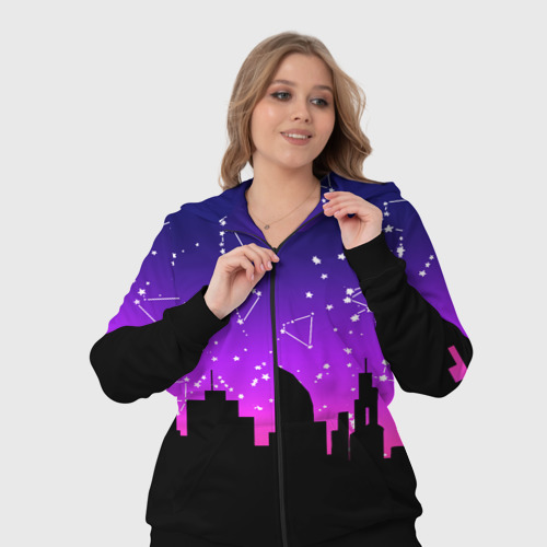 Женский костюм 3D с принтом Фиолетовое небо и тёмный город со звёздами, фото #4