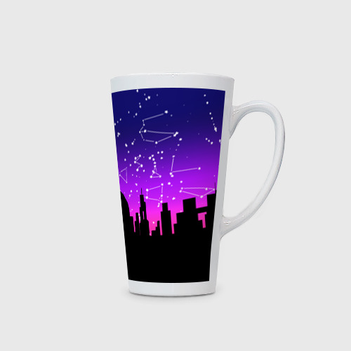 Кружка Латте с принтом Фиолетовое небо и тёмный город со звёздами, вид сбоку #3