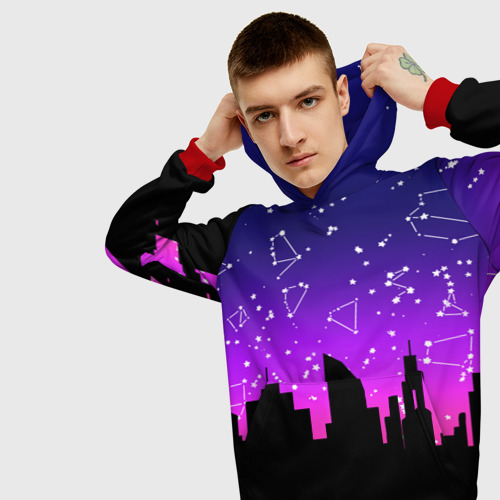 Мужская толстовка 3D с принтом Фиолетовое небо и тёмный город со звёздами, вид сбоку #3