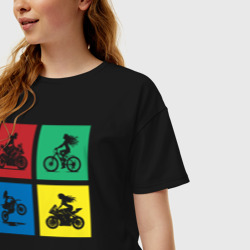 Женская футболка хлопок Oversize Силуэты девушек на велосипедах и мотоциклах - фото 2