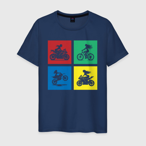 Мужская футболка из хлопка с принтом Силуэты девушек на велосипедах и мотоциклах, вид спереди №1