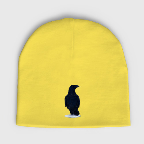 Женская шапка демисезонная Черный ворон на снегу, цвет желтый