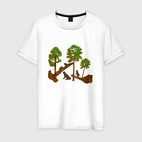 Мужская футболка из хлопка с принтом Медведи в сосновом лесу - минимализм, вид спереди №1