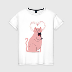 Котик с вином – Женская футболка хлопок с принтом купить со скидкой в -20%