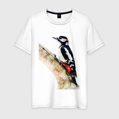 Мужская футболка из хлопка с принтом Пёстрый дятел на дереве, вид спереди №1