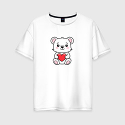 Женская футболка хлопок Oversize Белый медвежонок с сердечком