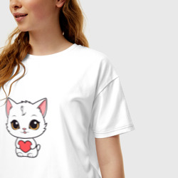 Женская футболка хлопок Oversize Милая кошка с сердечком - фото 2