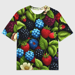 Женская футболка oversize 3D Лесные ягоды черная синяя ежевика - красная малина