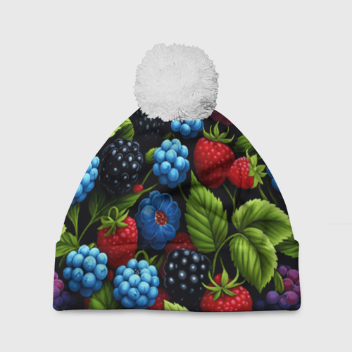 Шапка c помпоном с принтом Лесные ягоды черная синяя ежевика - красная малина, вид спереди №1