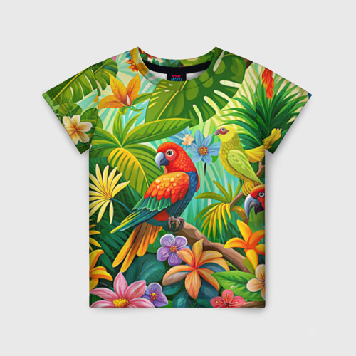 Детская футболка с принтом Попугаи - экзотические птицы, вид спереди №1
