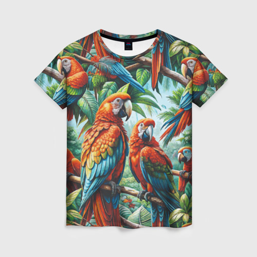 Женская футболка с принтом Попугаи Ара - тропики джунгли, вид спереди №1