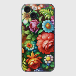 Чехол для iPhone 15 силиконовый с защитой камеры Жостово роспись цветы традиционный узор