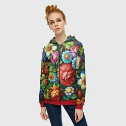 Женская толстовка 3D на молнии Жостово роспись цветы традиционный узор - фото 2