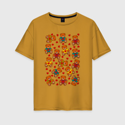 Женская футболка хлопок Oversize Мишки в цветных свитерах и сердечки