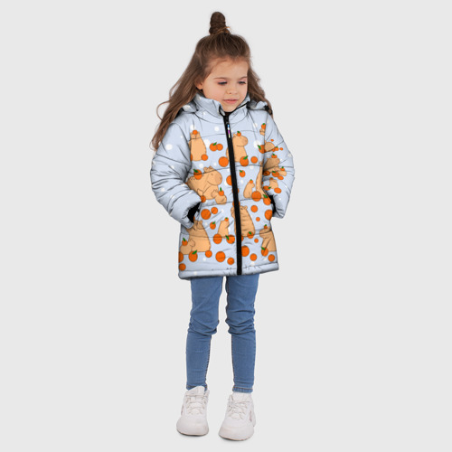 Зимняя куртка для девочек 3D с принтом Мем капибара и мандарины, вид сбоку #3