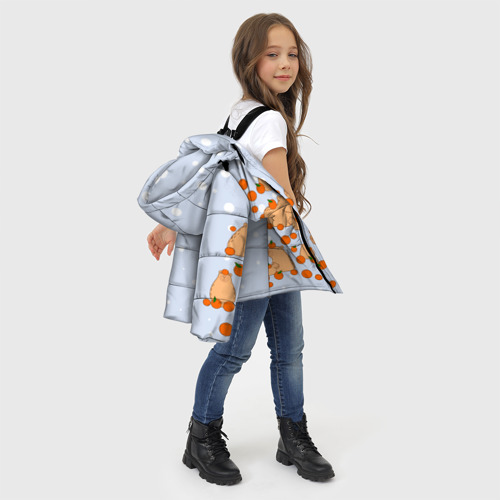 Зимняя куртка для девочек 3D с принтом Мем капибара и мандарины, фото #4
