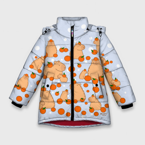 Зимняя куртка для девочек 3D с принтом Мем капибара и мандарины, вид спереди #2