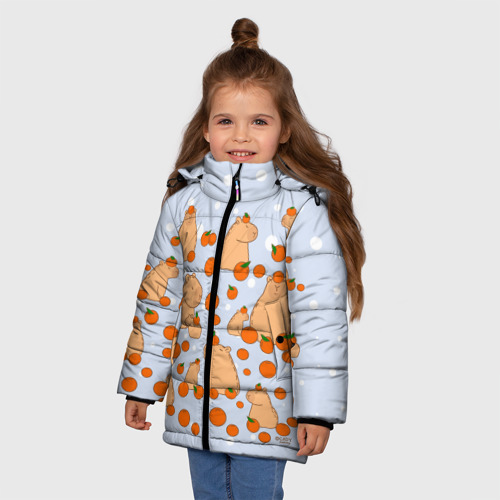 Зимняя куртка для девочек 3D с принтом Мем капибара и мандарины, фото на моделе #1