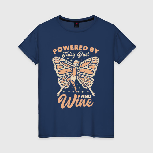 Женская футболка из хлопка с принтом Фея питается сказочной пыльцой и вином, вид спереди №1