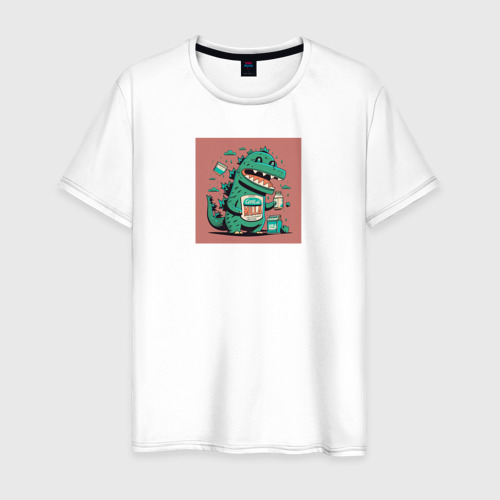 Мужская футболка из хлопка с принтом Принт с милым динозавриком, вид спереди №1
