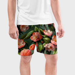 Шорты с принтом Цветущие ветки персикового сада для мужчины, вид на модели спереди №2. Цвет основы: белый
