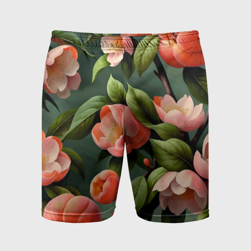 Мужские шорты спортивные с принтом Цветущие ветки персикового сада, вид спереди №1