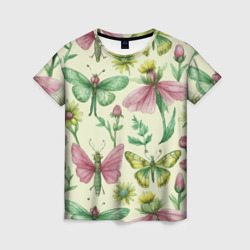 Женская футболка 3D Акварельные бабочки насекомые полевые цветы