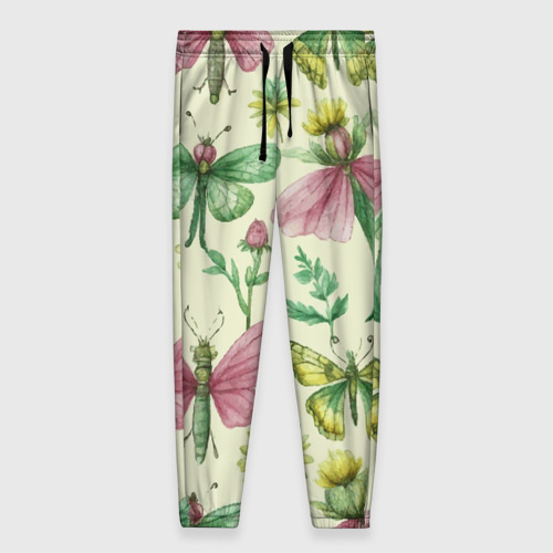 Женские брюки с принтом Акварельные бабочки насекомые полевые цветы, вид спереди №1
