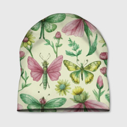 Акварельные бабочки насекомые полевые цветы – Шапка 3D с принтом купить