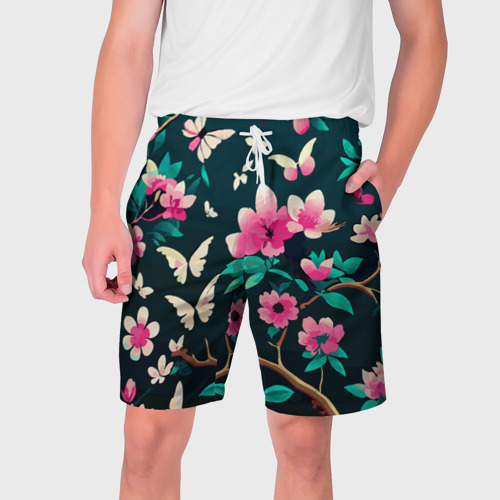 Мужские шорты с принтом Розовые цветы сакуры бабочки паттерн, вид спереди №1