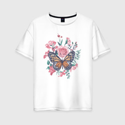 Бабочка в цветах – Женская футболка хлопок Oversize с принтом купить со скидкой в -16%